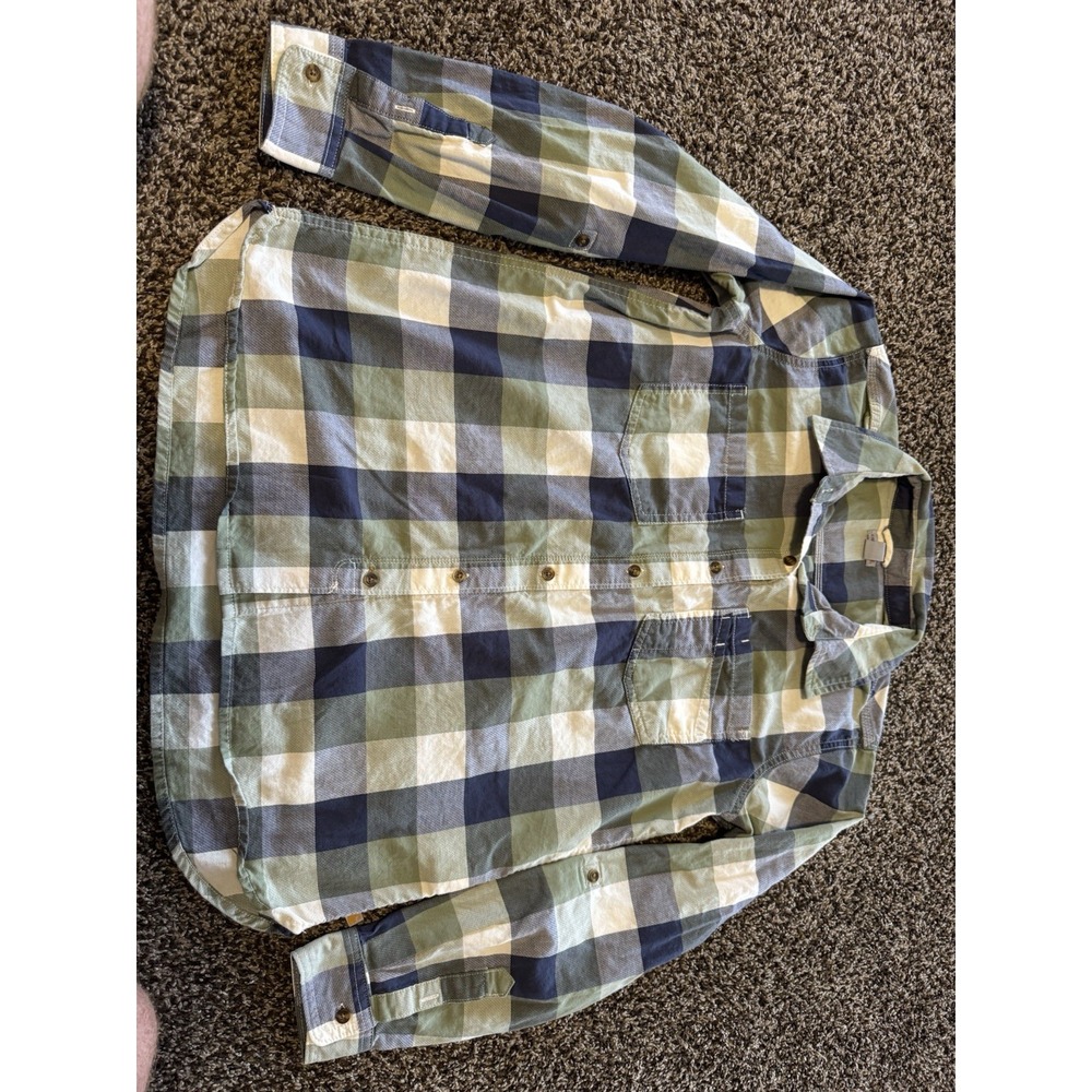 Carhartt Boys L 12/14 Green Plaid Flannel Shirt Button Front Long Sleeve Stretch